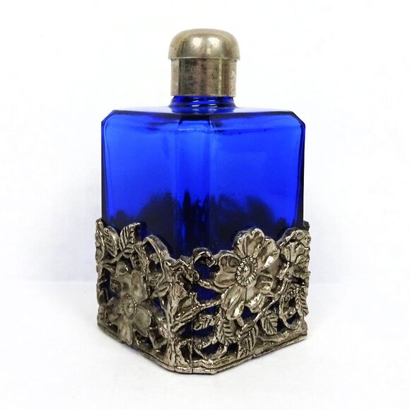 Vintage Cobalt Blue Art Nouveau Perfume Glass Bottle Silver Tone Floral Overlay - Picture 5 of 7